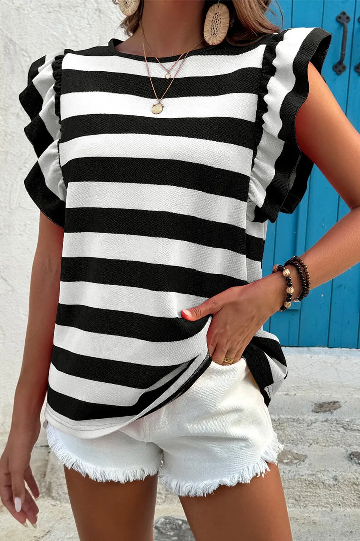 Ruffle Sleeve Striped T-Shirt - cas7m