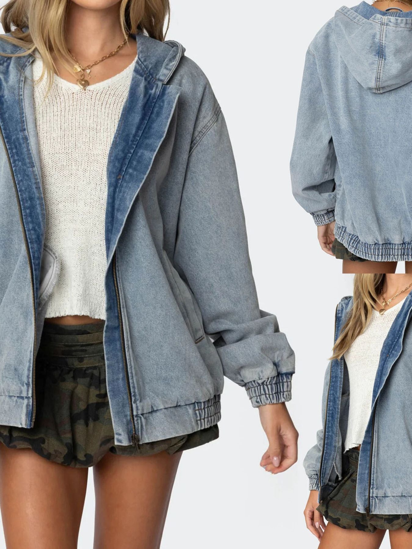 Hooded Oversized Zip Up Denim Jacket - cas7m
