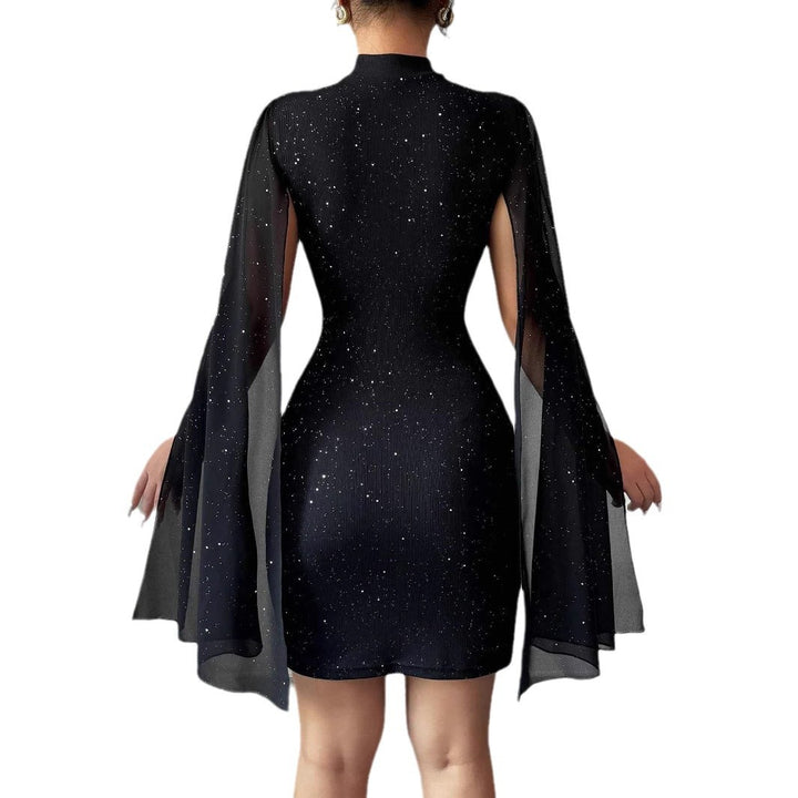 Women's Sexy Elegant Evening Party Dresses Round Neck Pit Stripe Pearl Chiffon Cape Sleeve Wrapped Hip Dress - cas7m