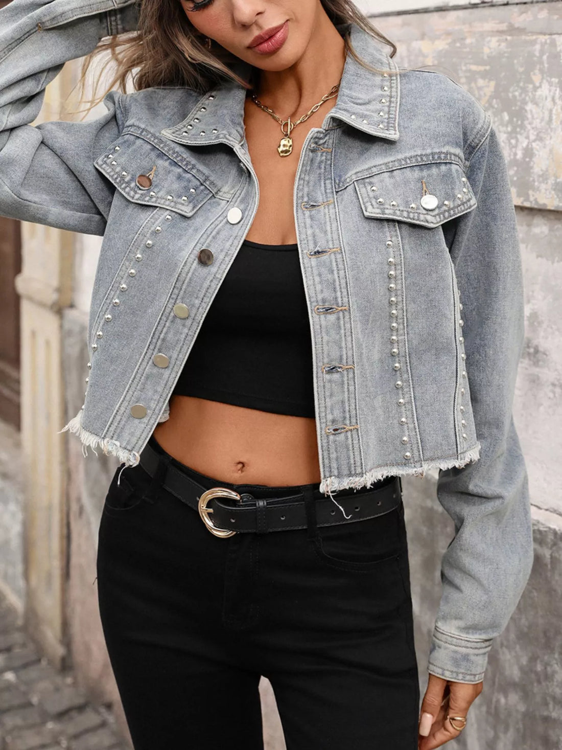 Studded Raw Hem Denim Jacket - cas7m