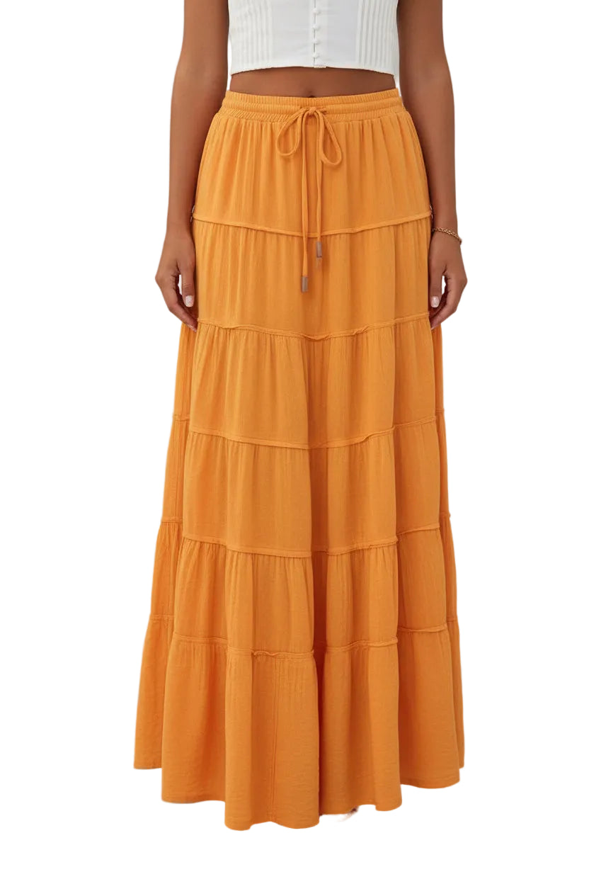 Bohemian Tiered Maxi Skirt with Drawstring Waist - cas7m