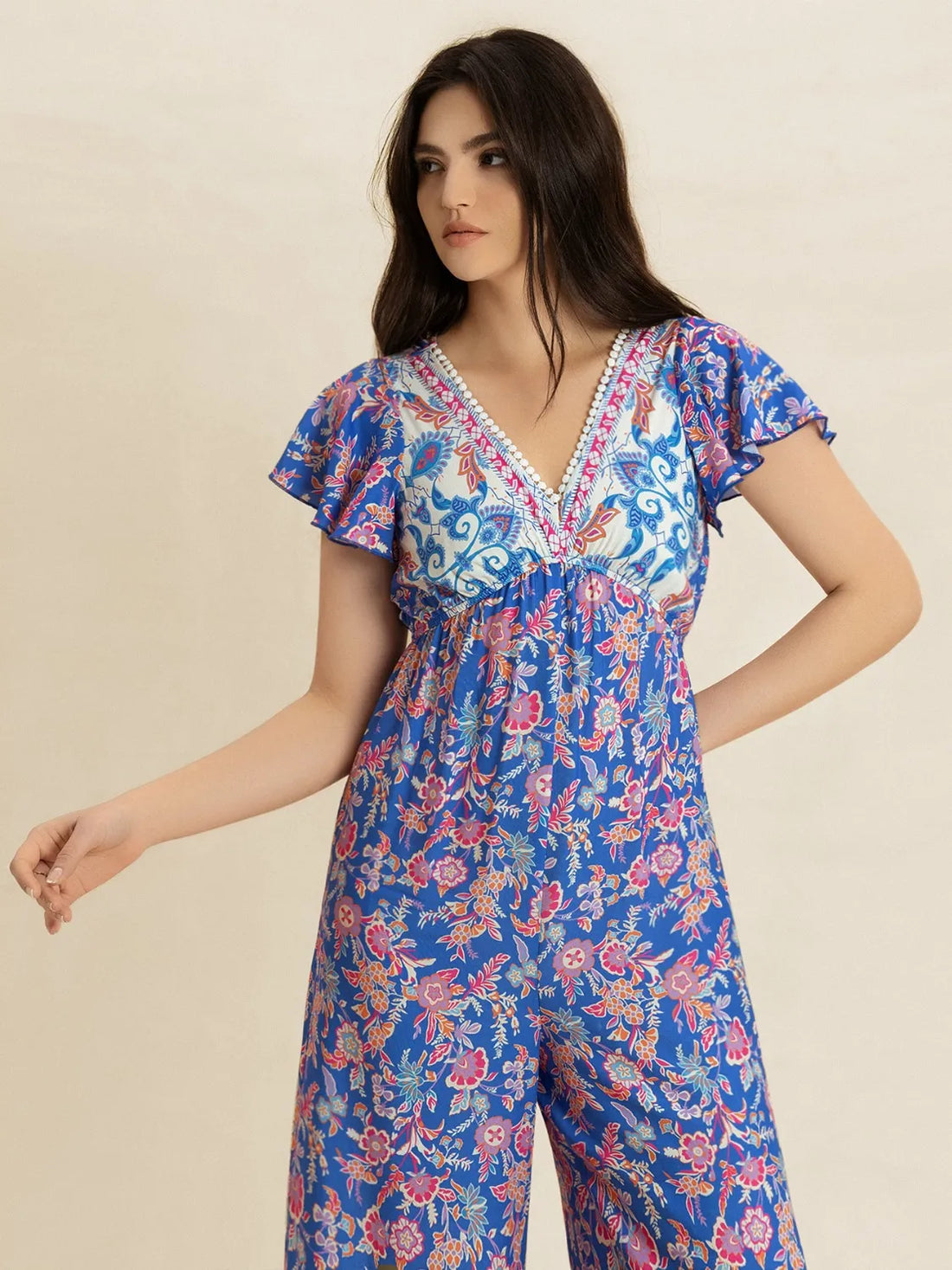Printed V-Neck Wide Leg Jumpsuit - cas7m