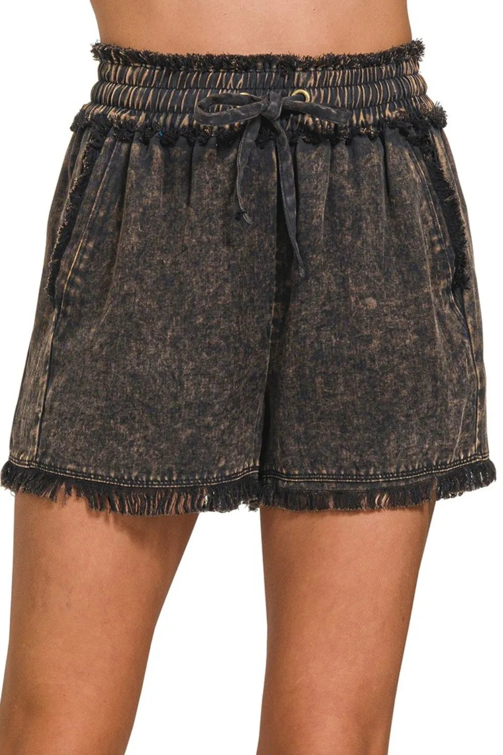 Zenana Mineral Frayed Hem Washed Shorts - cas7m