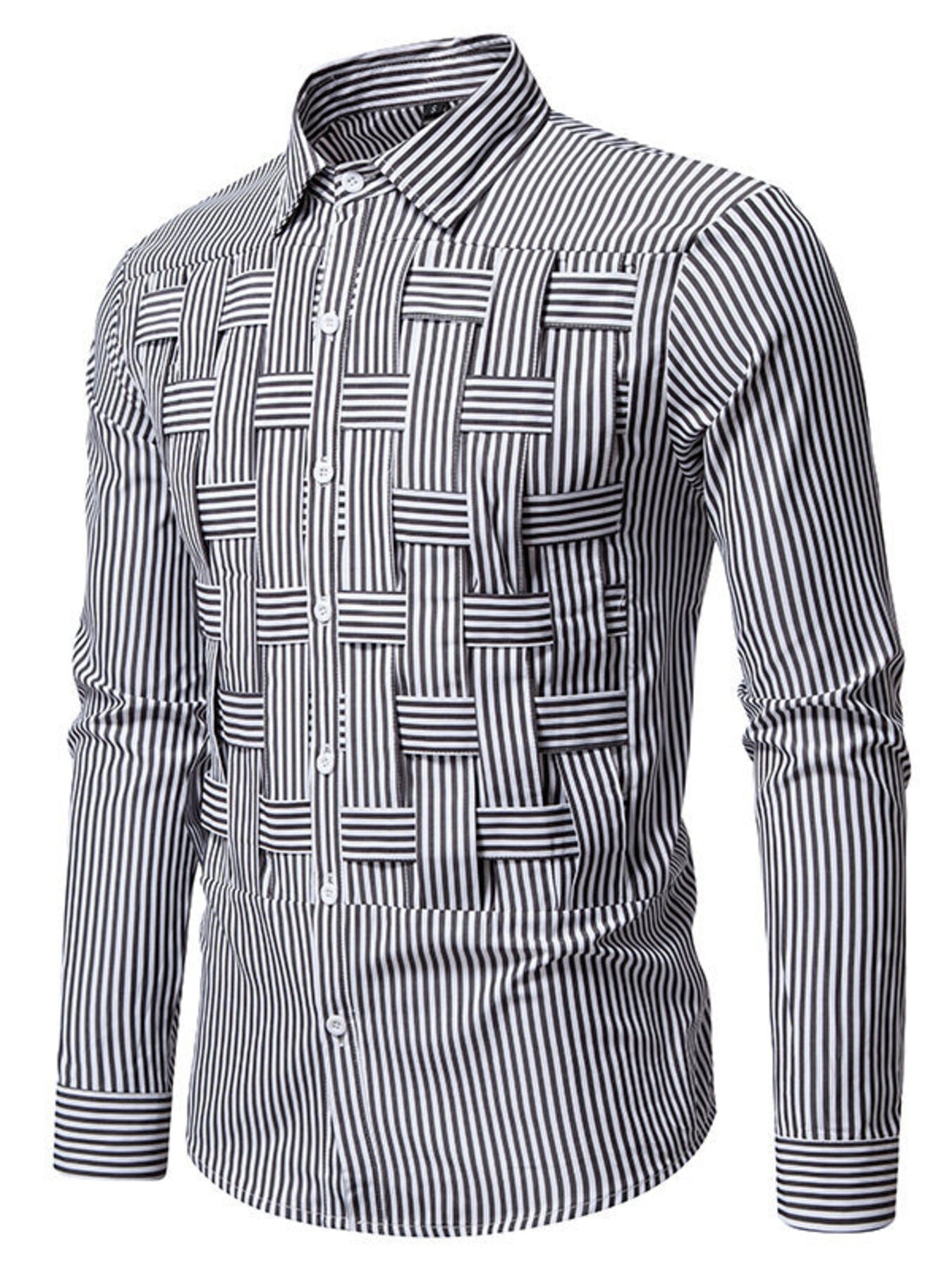 Men's Striped Woven Pattern Long Sleeve Shirt - cas7m