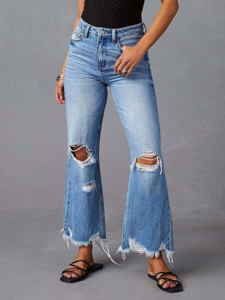 Distressed Raw Hem Flare Jeans - cas7m