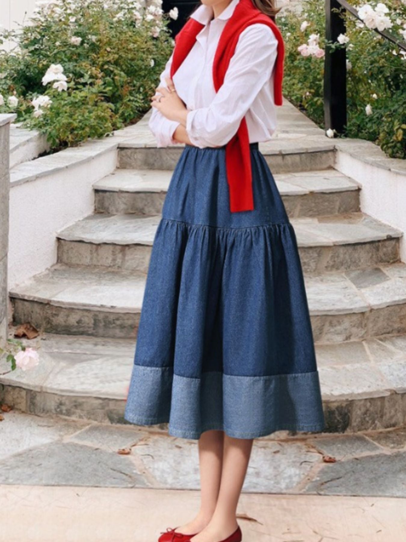 Tiered Denim Midi Skirt - cas7m