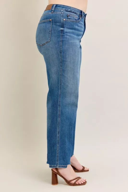 Judy Blue Full Size High Waist Tummy Control Chew Hem Destroy Wide Jeans Plus Size - cas7m