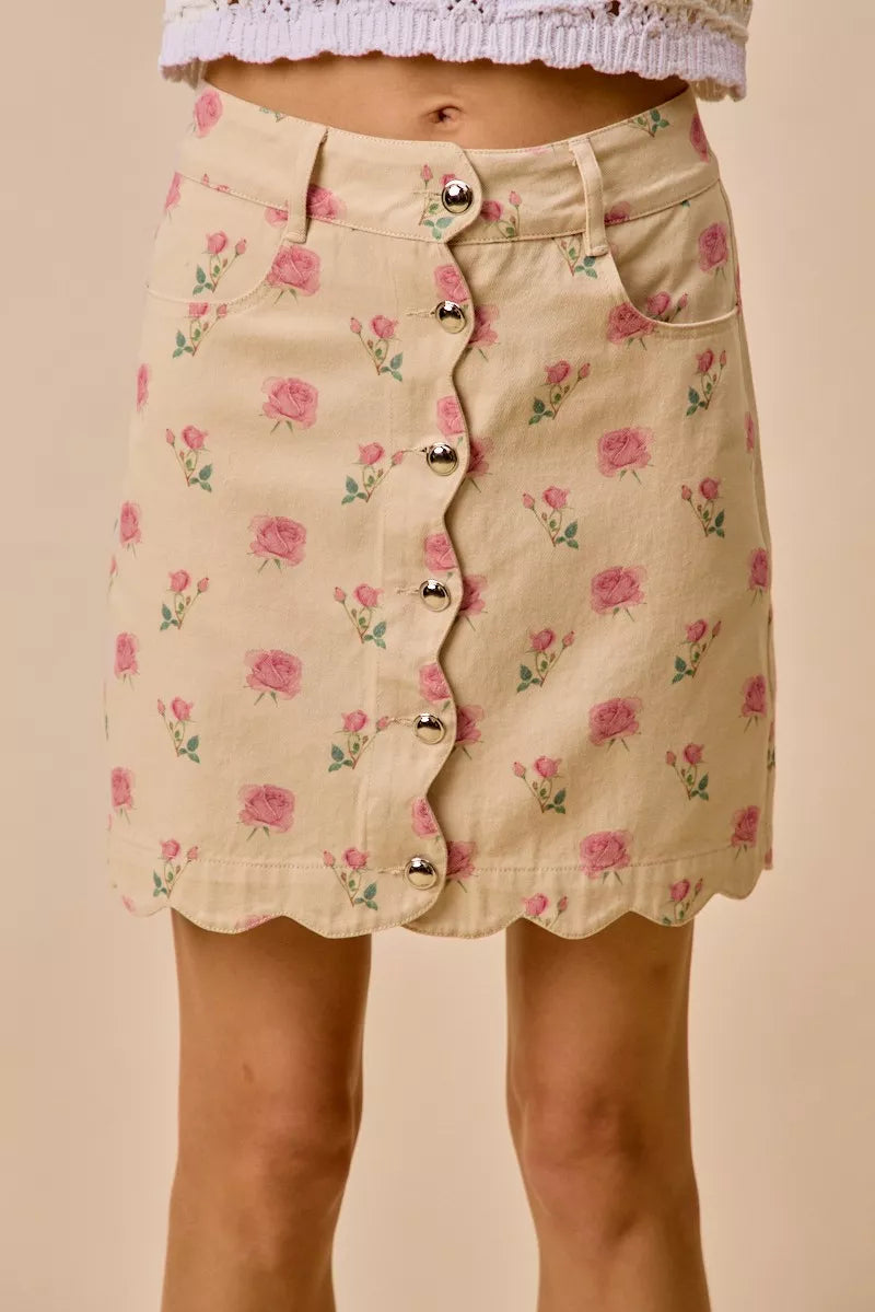 SO ME Floral Rose Print Cotton Twill Scallop Mini Skirt - cas7m