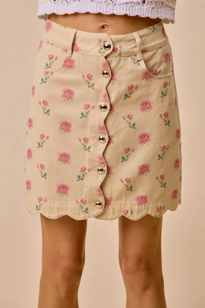 SO ME Floral Rose Print Cotton Twill Scallop Mini Skirt - cas7m