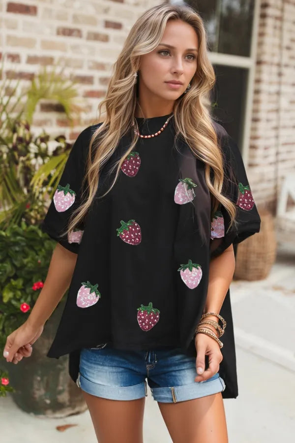 Sequin Strawberry High Low Half Sleeve Relaxed Fit T-Shirt - cas7m