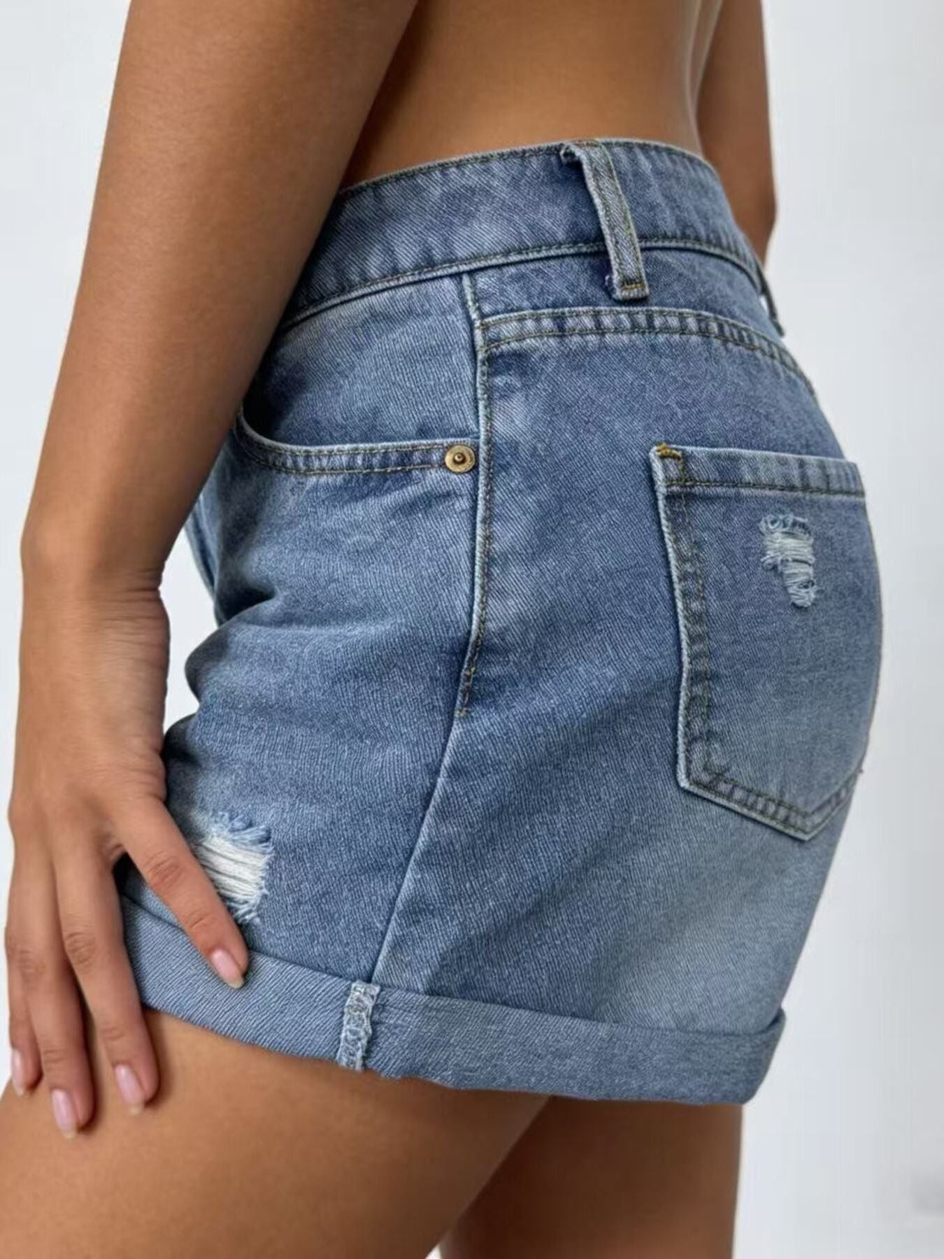 Ripped High-Waisted Denim Shorts - cas7m