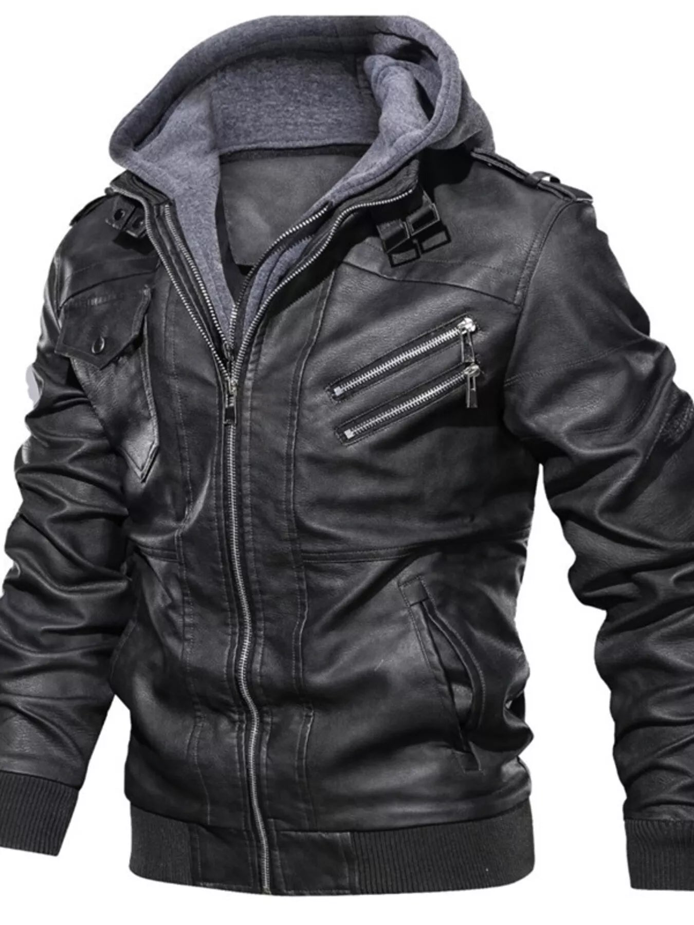 Men's Full Size Hooded Faux Leather Moto Jacket Plus Size - cas7m