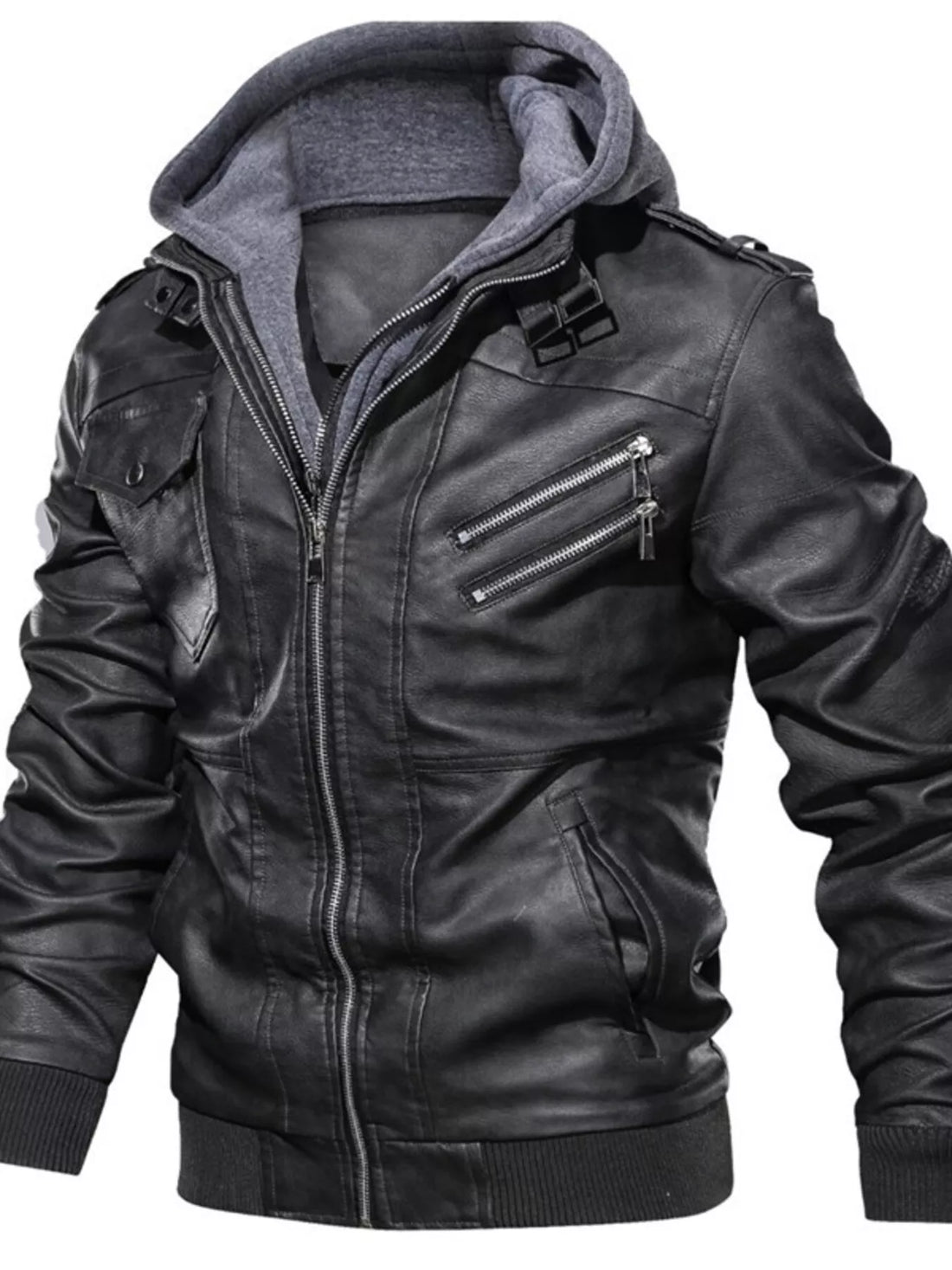 Men's Full Size Hooded Faux Leather Moto Jacket Plus Size - cas7m