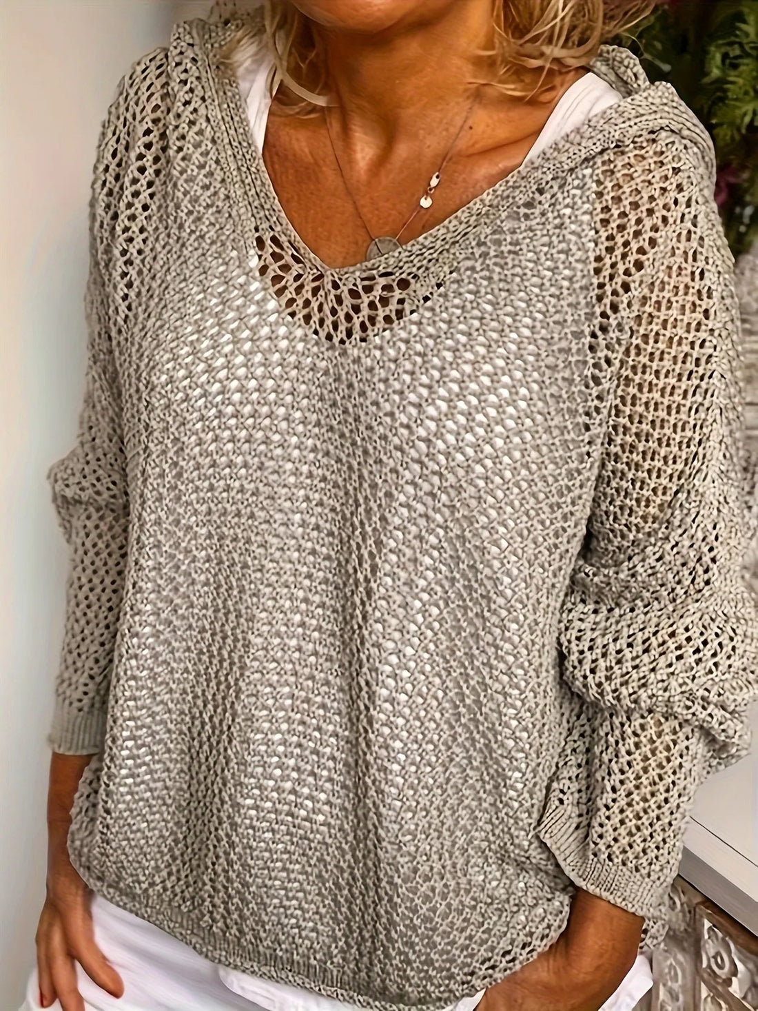 Openwork Long Sleeve Hooded Knit Cover Up - cas7m