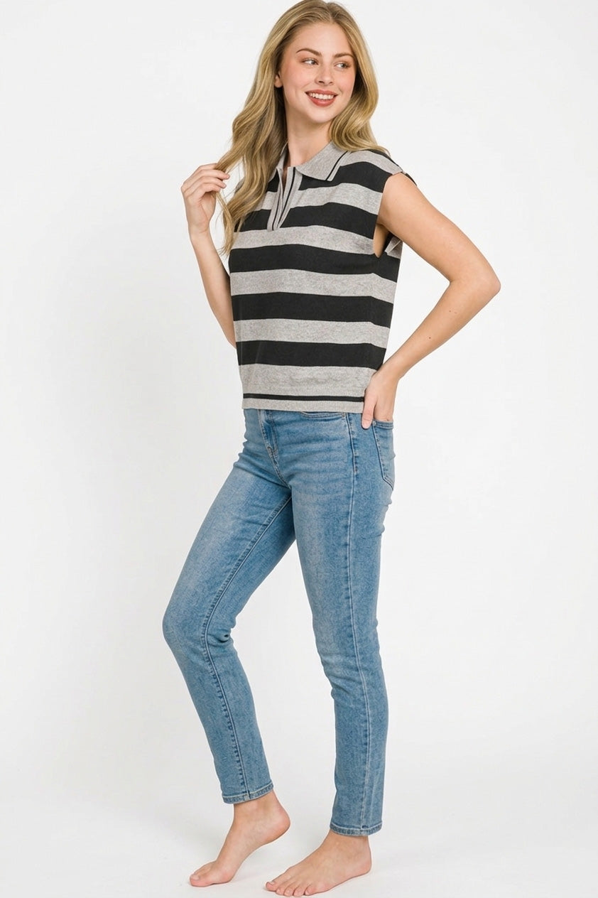 Zenana Viscose Striped Collared Sweater Vest - cas7m