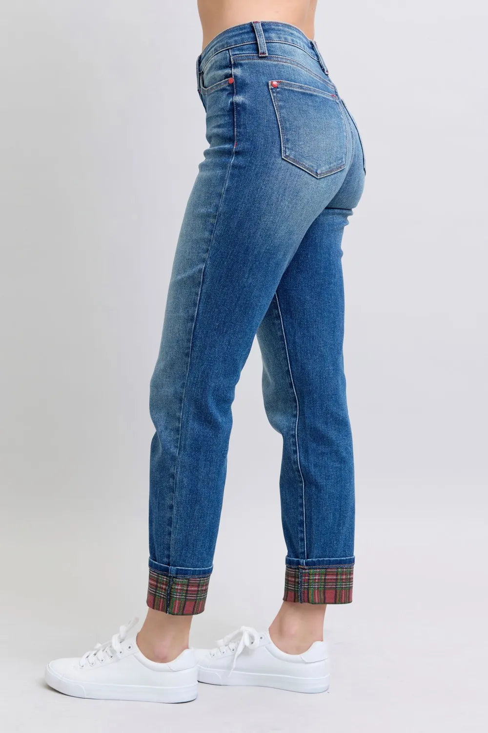 Judy Blue Full Size Plaid Print Cuff Straight Leg Jeans with Pockets - cas7m