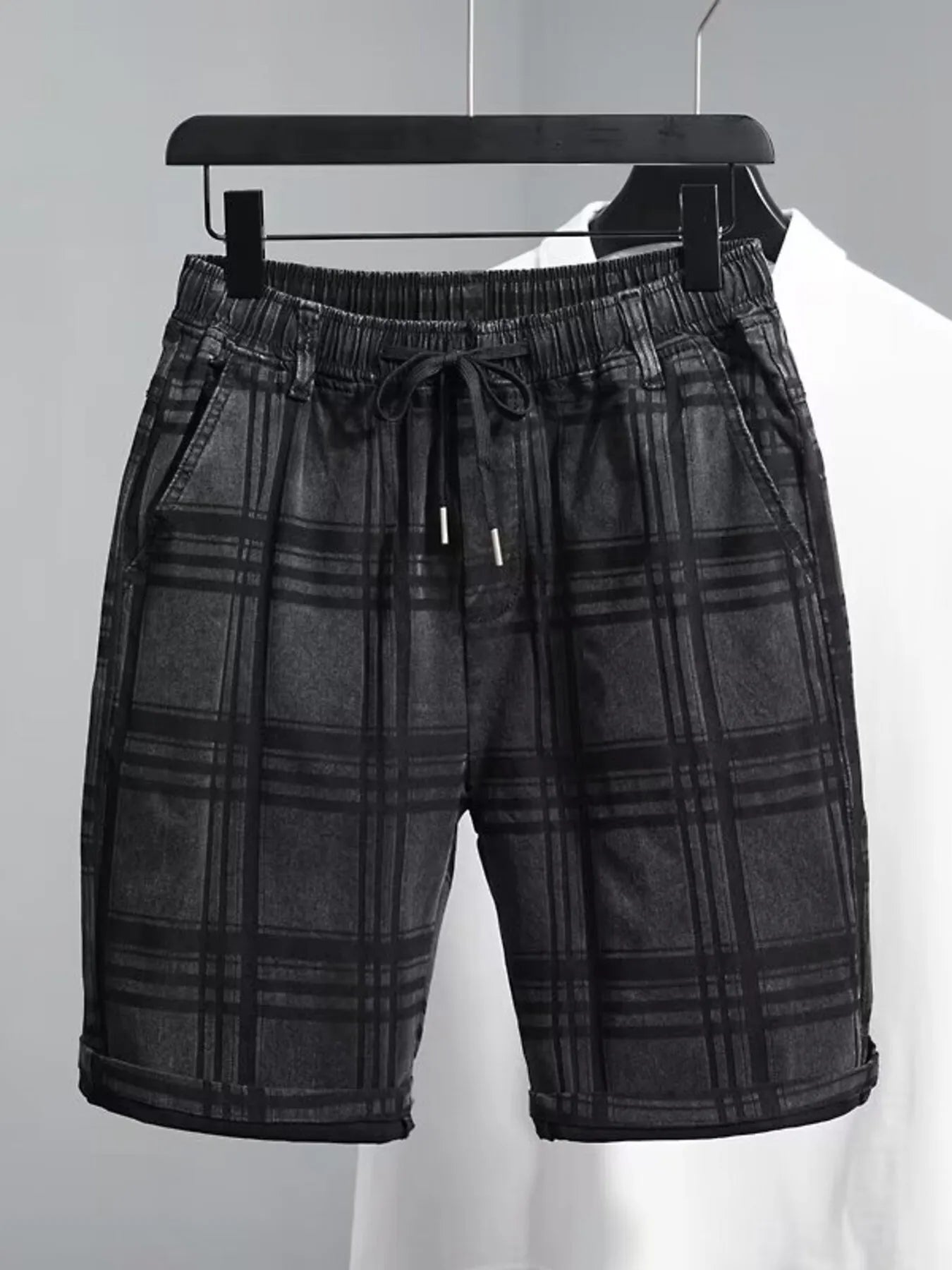 Men's Plus Size Plaid Pattern Elastic Waist Denim Shorts - cas7m