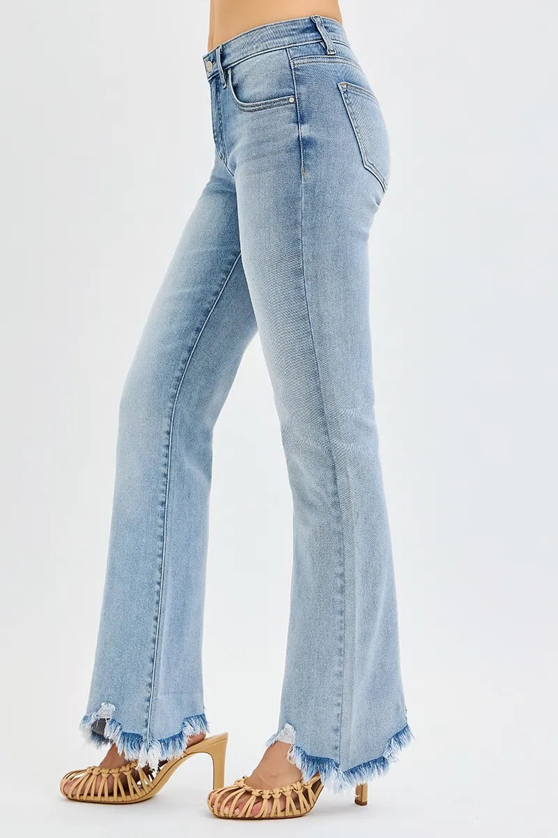 RISEN Full Size Tummy Control Mid Rise Flare Jeans with Fray Hem Detailed Plus Size - cas7m
