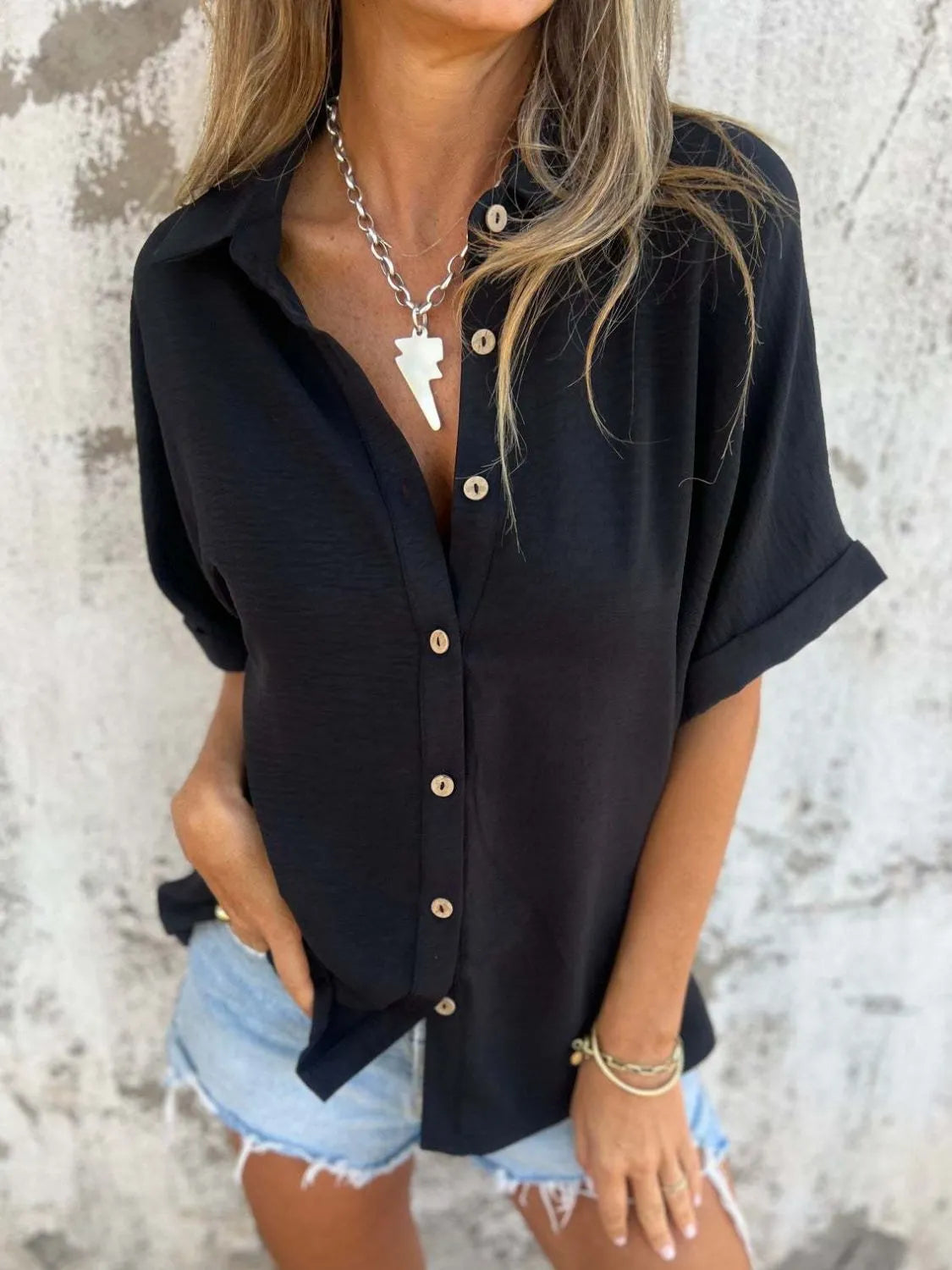 Full Size Collared Neck Half Sleeve Shirt Plus Size - cas7m