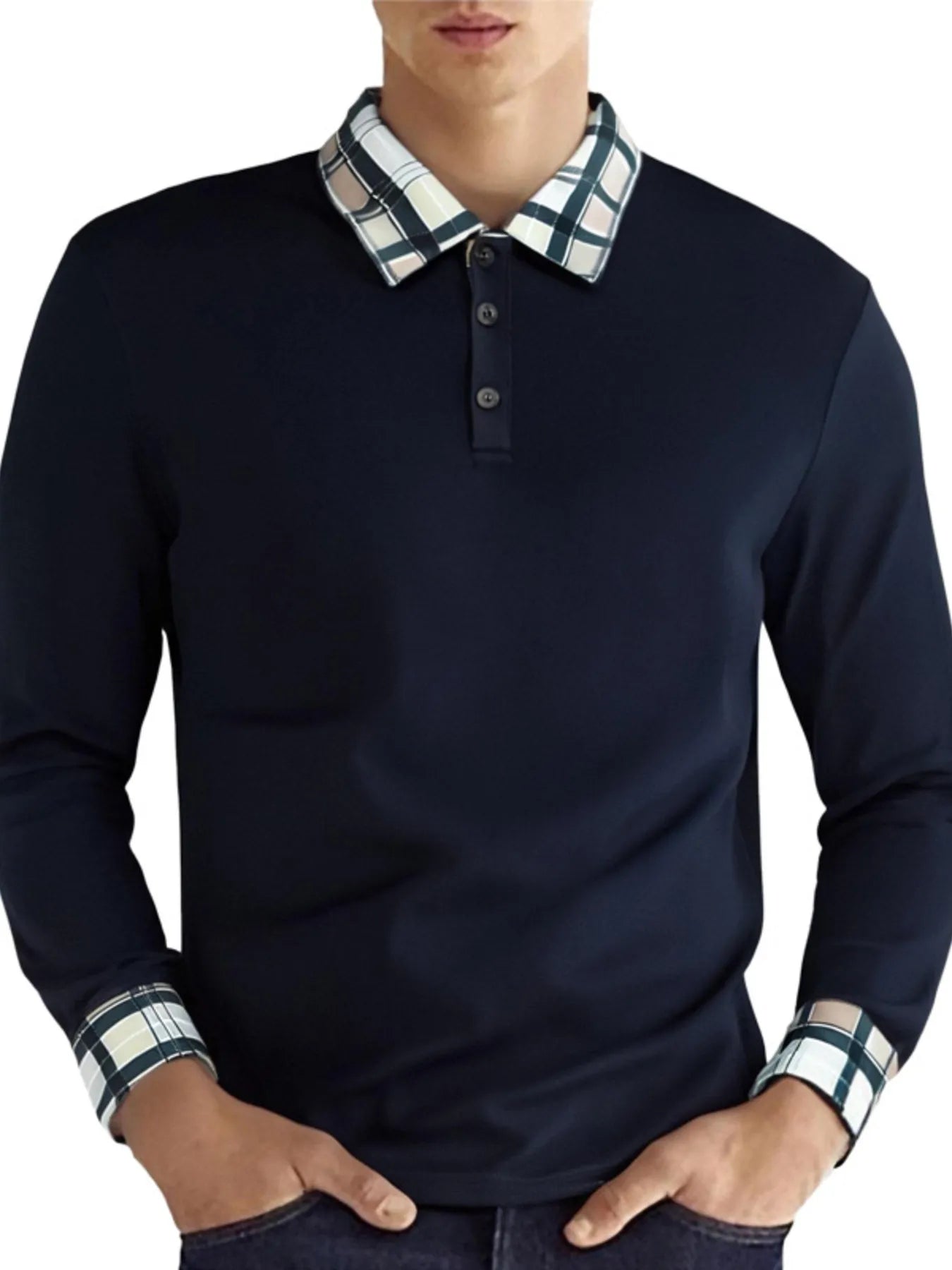 Men's Long Sleeve Plaid Collar Polo Shirt - cas7m