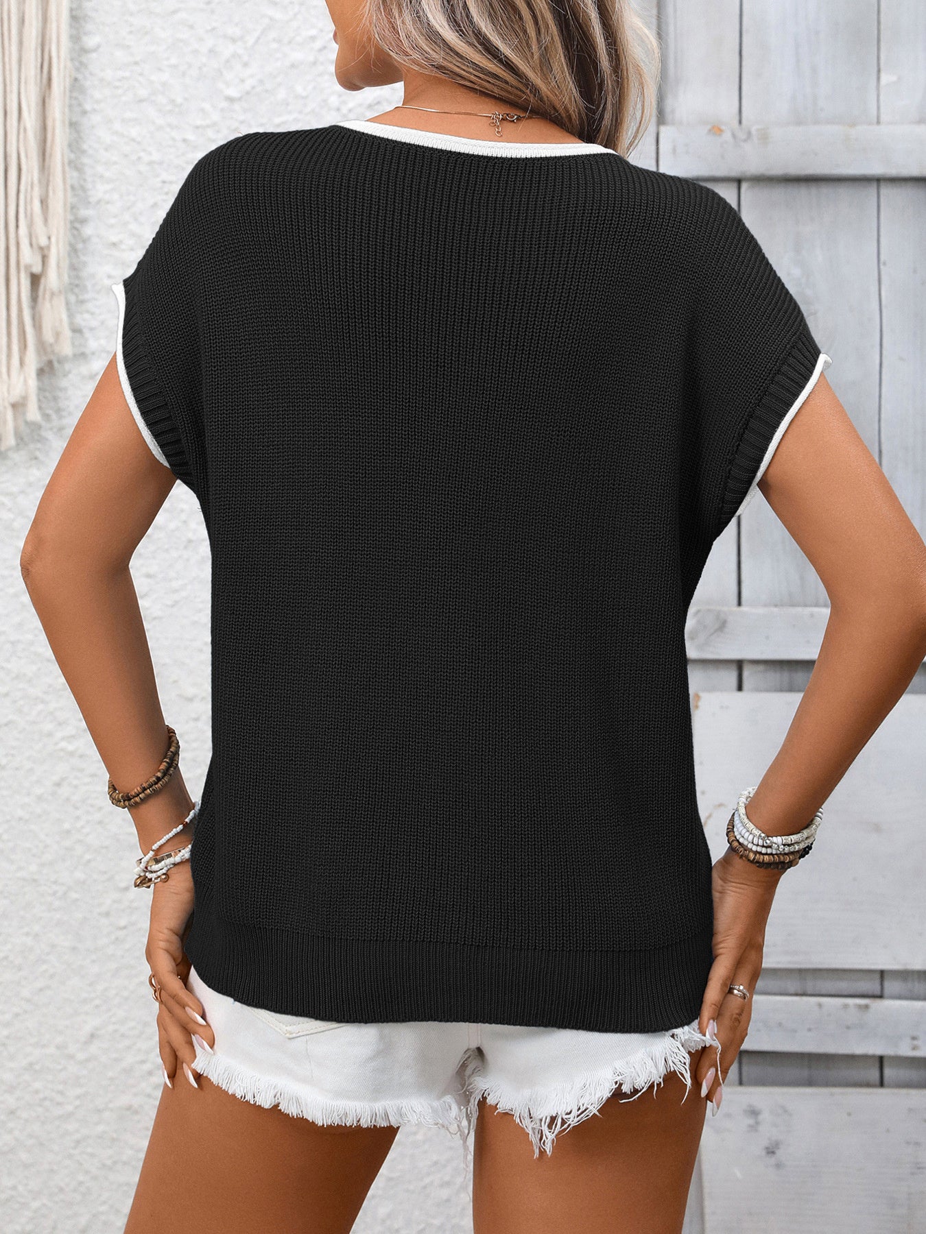 Contrast Trim Short Sleeve Sweater - cas7m