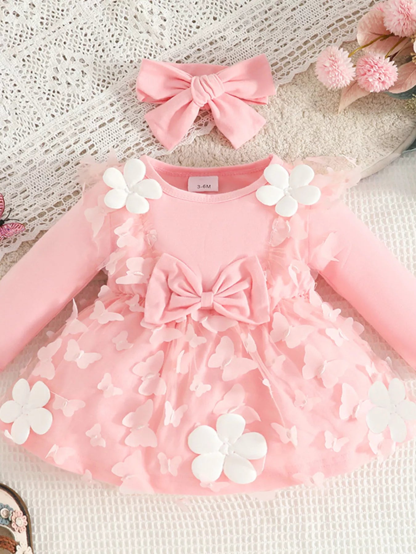 Children's Butterfly Decor Flower Applique Dress with Headband - cas7m