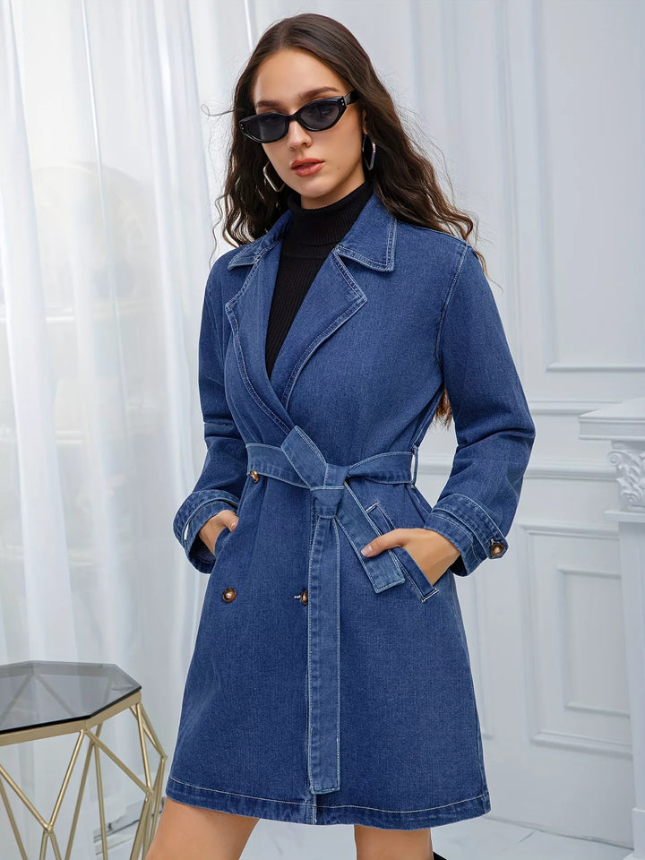 Belted Double-Breasted Denim Jacket - cas7m