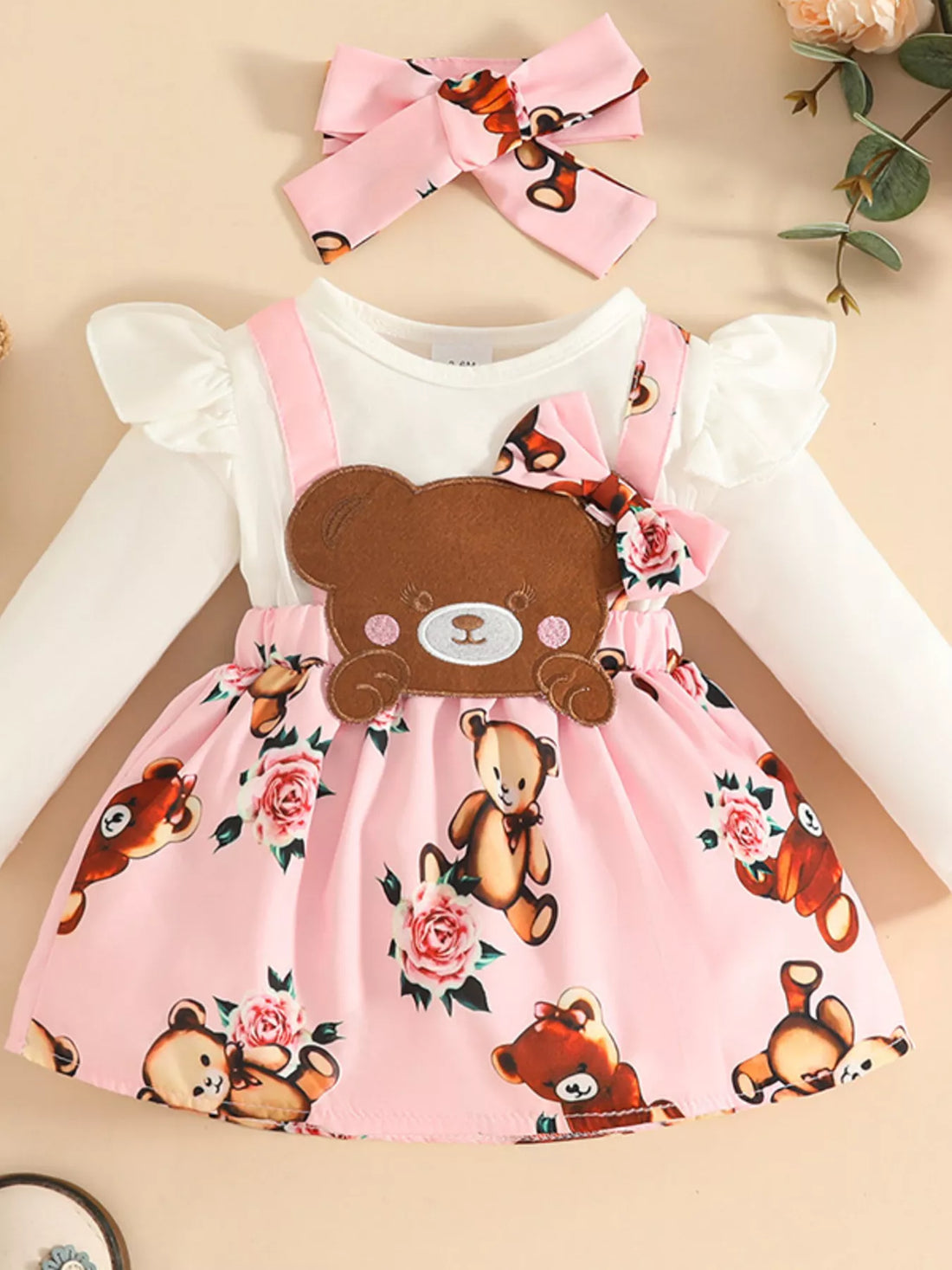 Children's Bear Long Sleeve Dress with Headband - cas7m