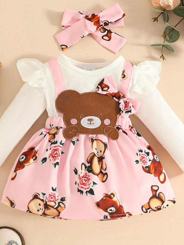 Children's Bear Long Sleeve Dress with Headband - cas7m