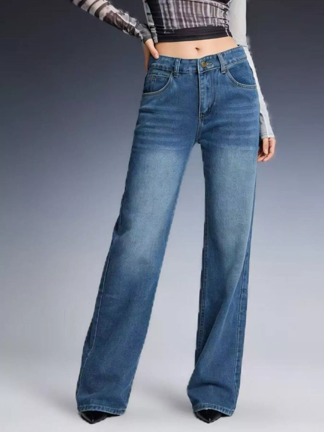 Vintage Wash Wide Leg Jeans - cas7m