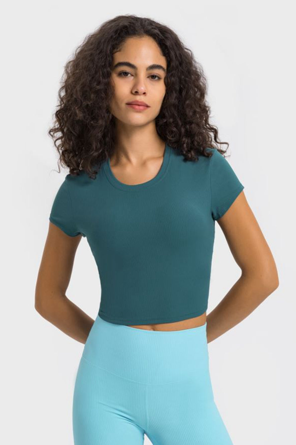 Soft Flex Cropped Yoga Top - Stretchy Solid Short Sleeve - cas7m