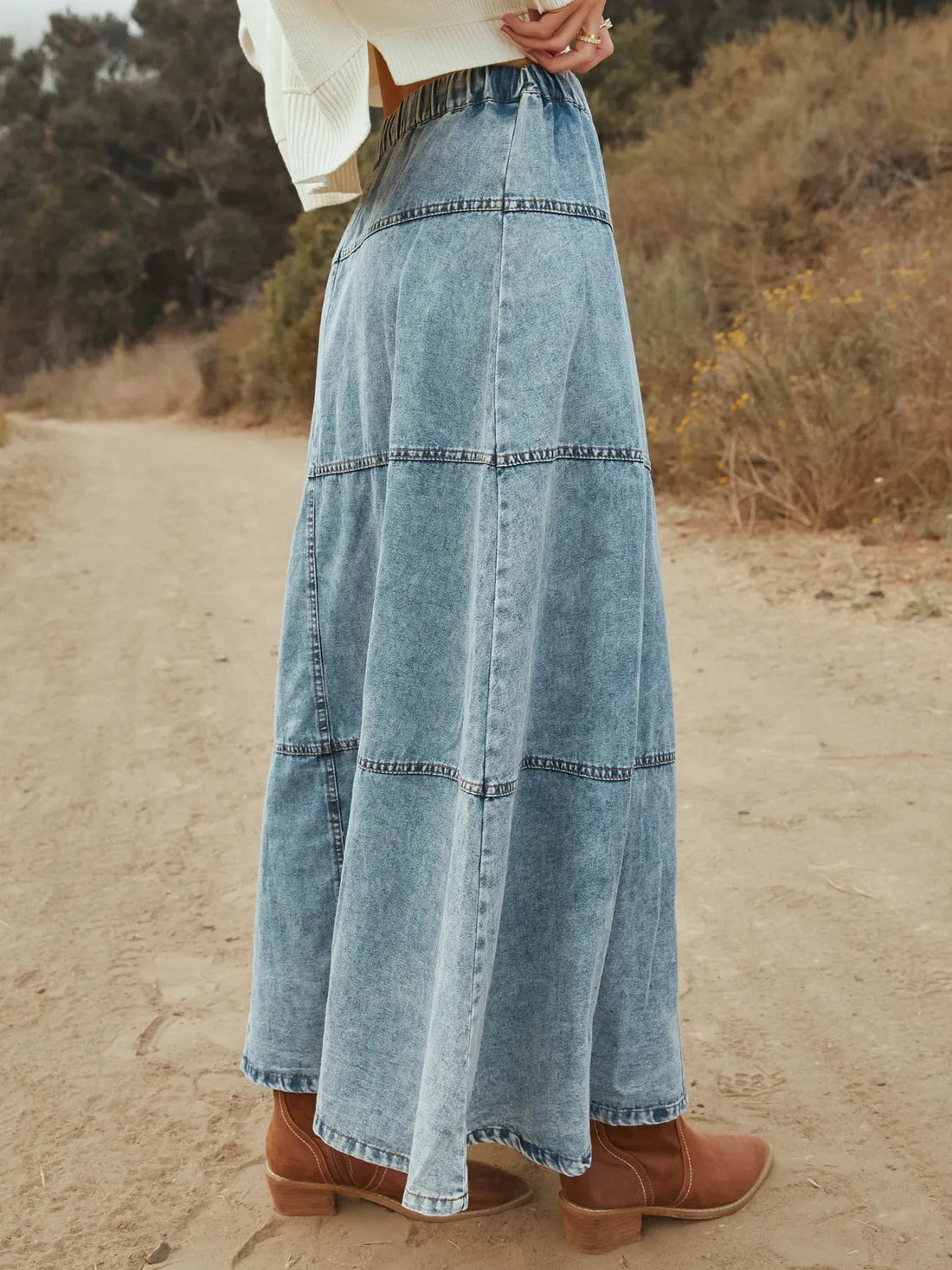 Button-Front Tiered Maxi Denim Skirt - cas7m