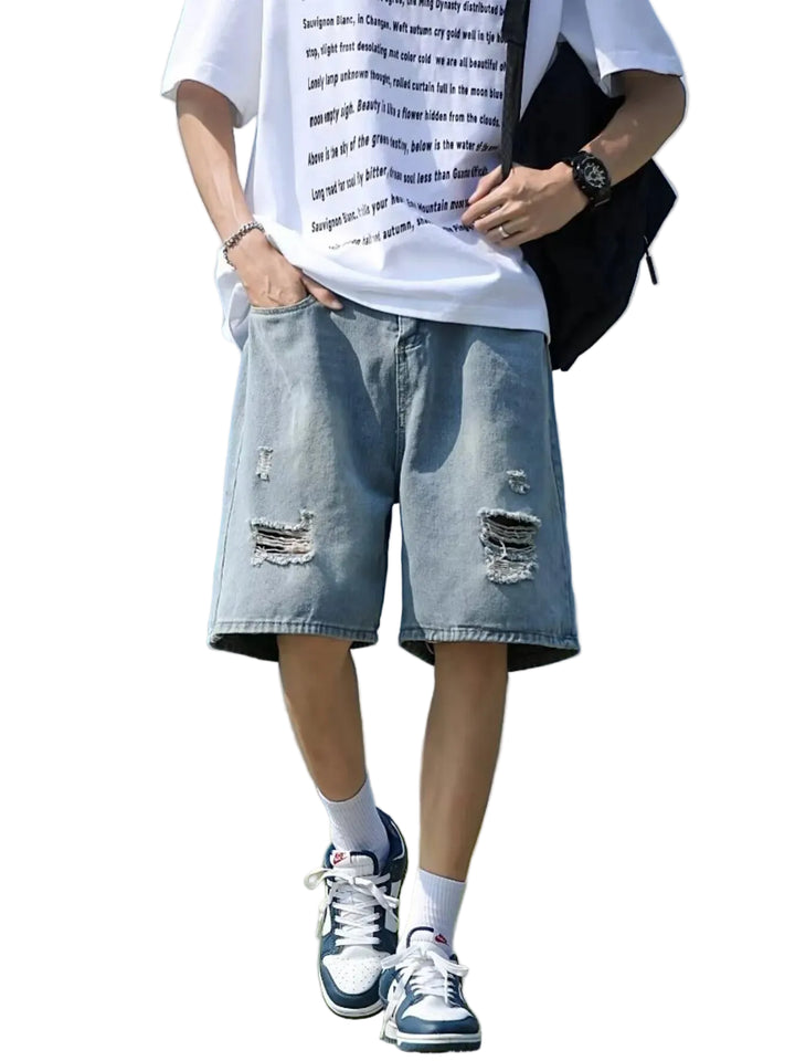 Men's Full Size Casual Loose Fit Ripped Denim Shorts Plus Size - cas7m
