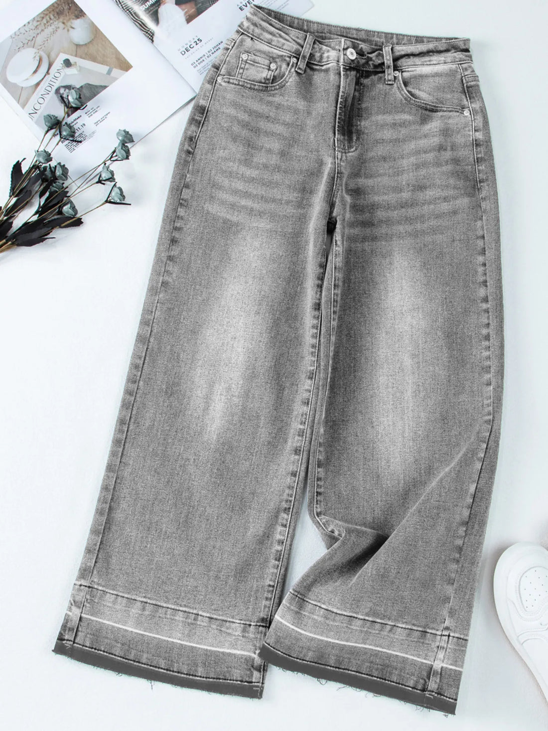 High Waist Wide Leg Washed Jeans - cas7m