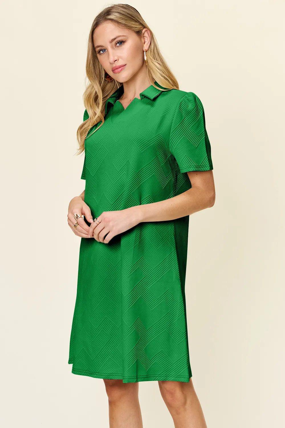Double Take Full Size Texture Collared Neck Short Sleeve Dress - cas7m