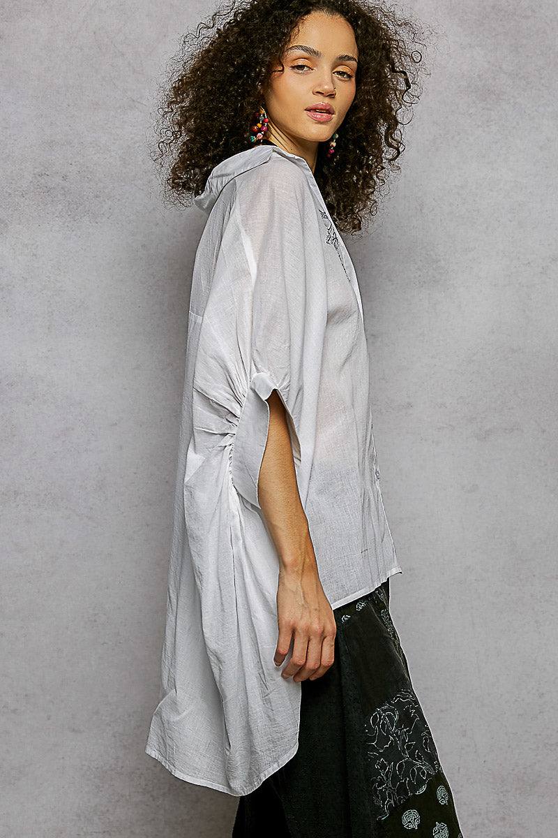 POL Button Down Embroidered Floral High-Low Hem Shirt - cas7m
