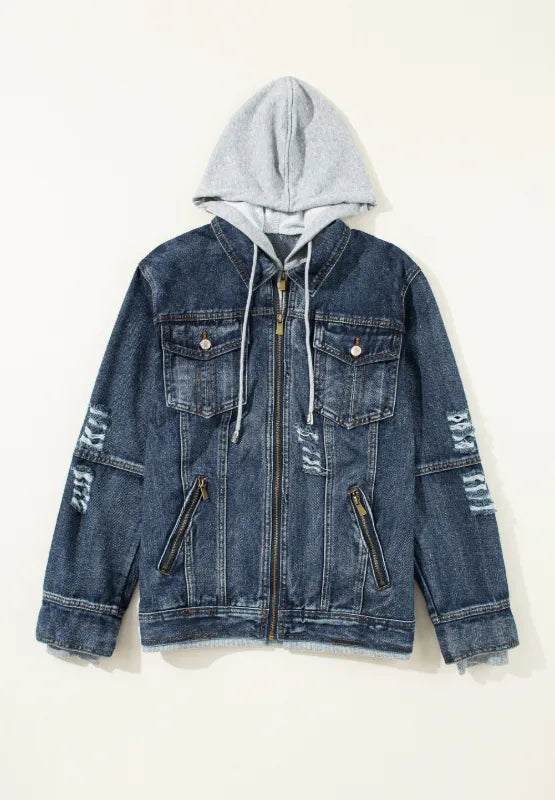 Fake Two-Piece Hooded Zip-Up Denim Jacket - cas7m