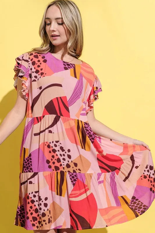 And The Why Printed Double Ruffles Sleeve Dress - cas7m
