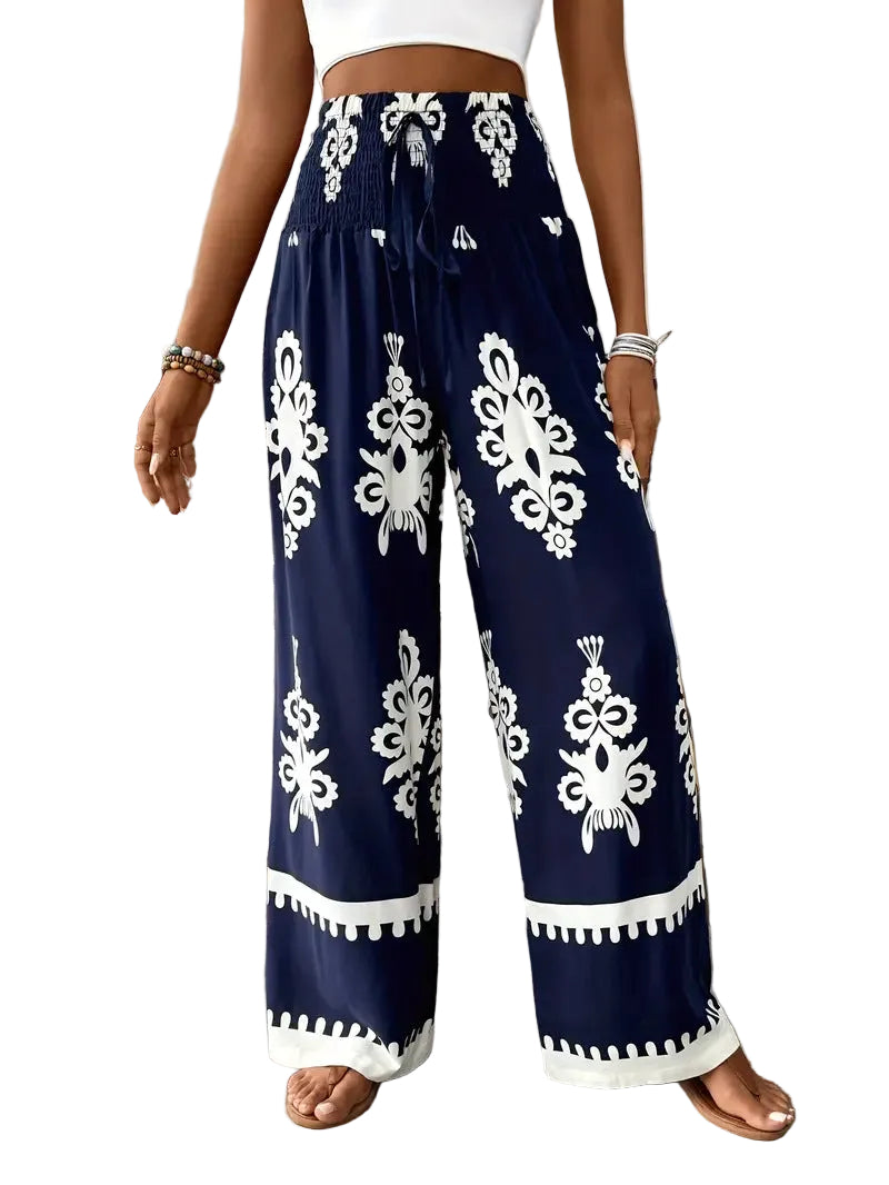 Women's 3D Pattern Lace-up Casual High Waist Print Wide-leg Pants - cas7m