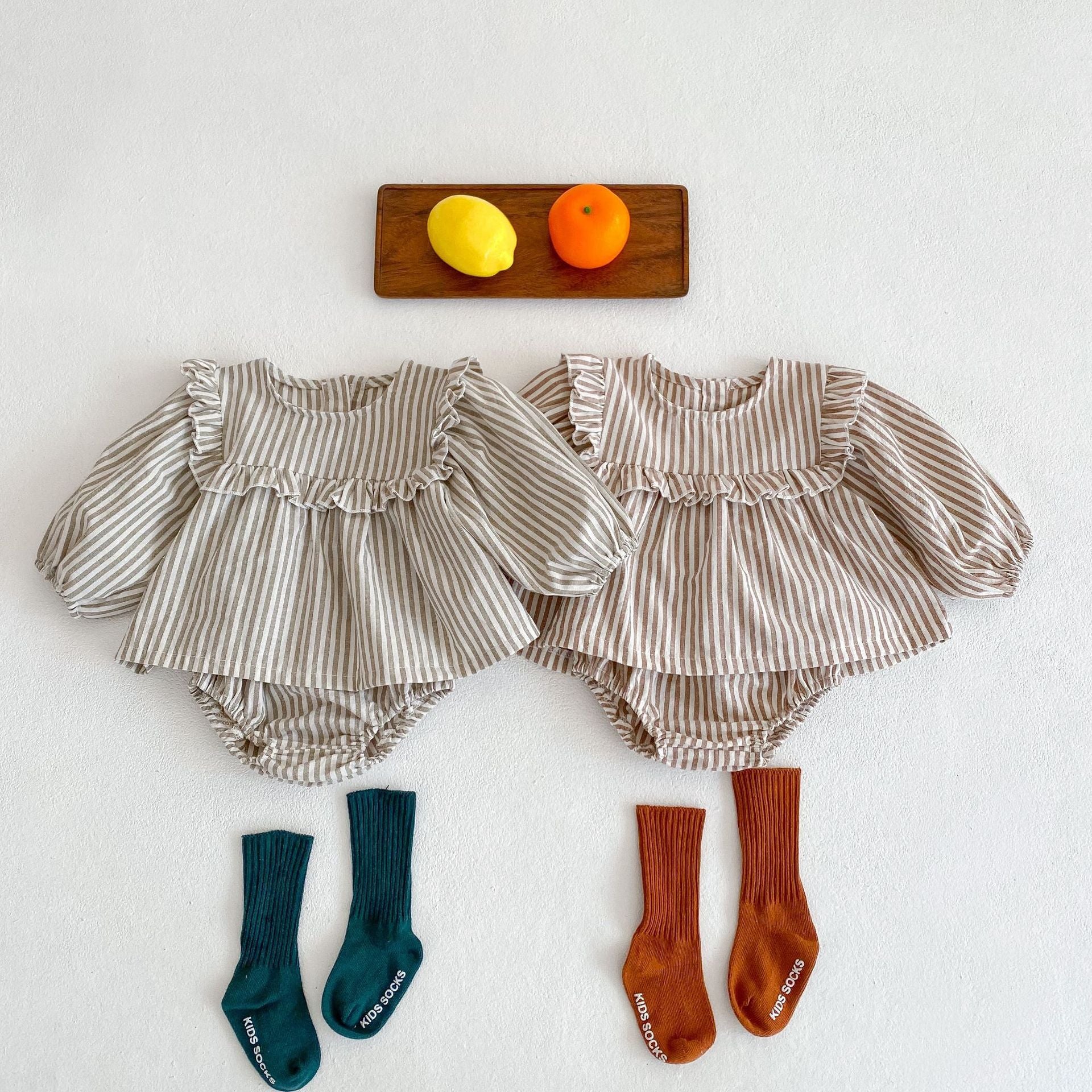 Cotton Baby Ruffle Collar Striped Long Sleeved Skirt Bread Pants Set - cas7m