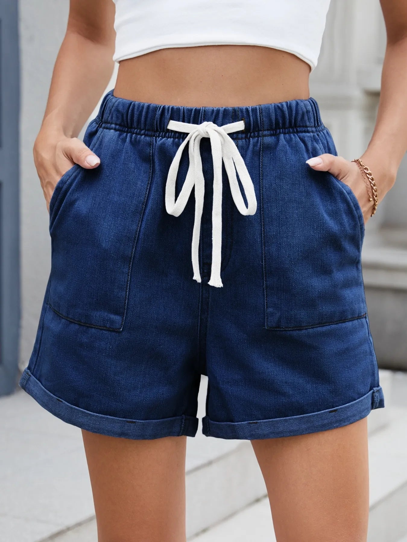 Drawstring Wash Denim Shorts - cas7m