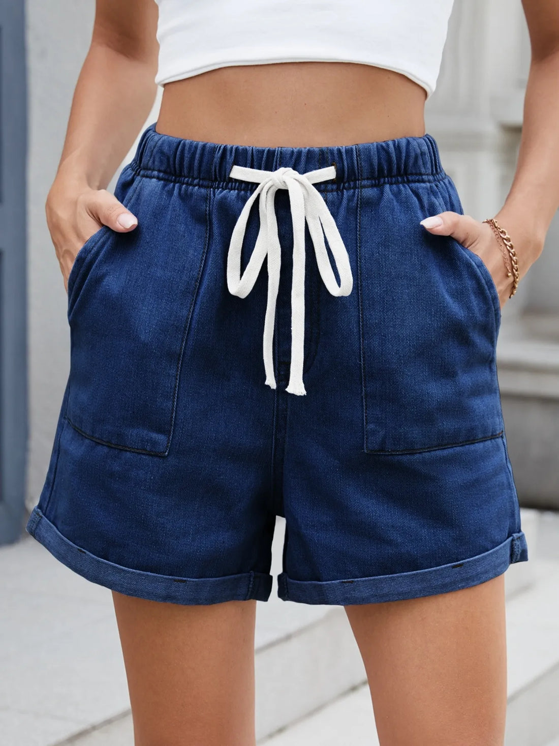 Drawstring Wash Denim Shorts - cas7m
