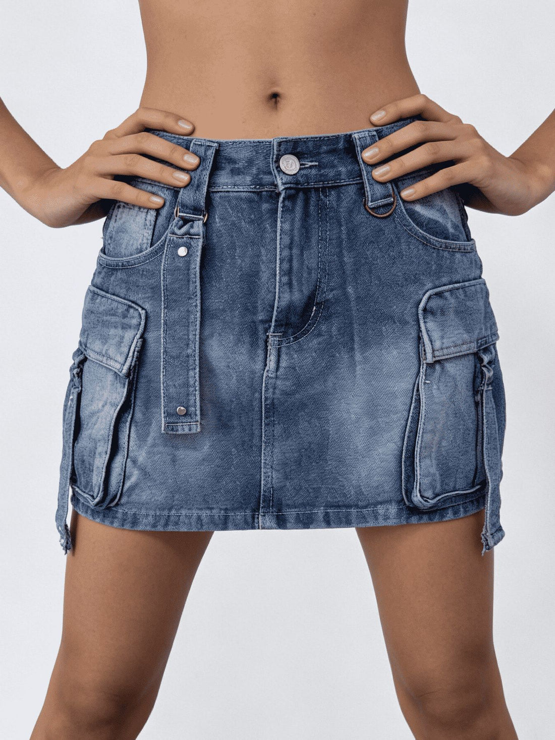 Washed Cargo Denim Skirt - cas7m