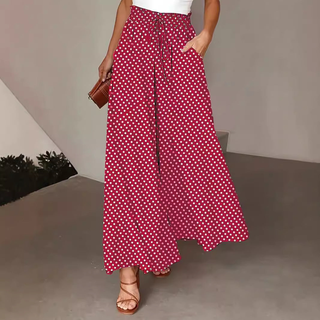 Polka Dot Print Trousers Fashion Loose Elastic Waist Wide-leg Pants Women's Clothing - cas7m