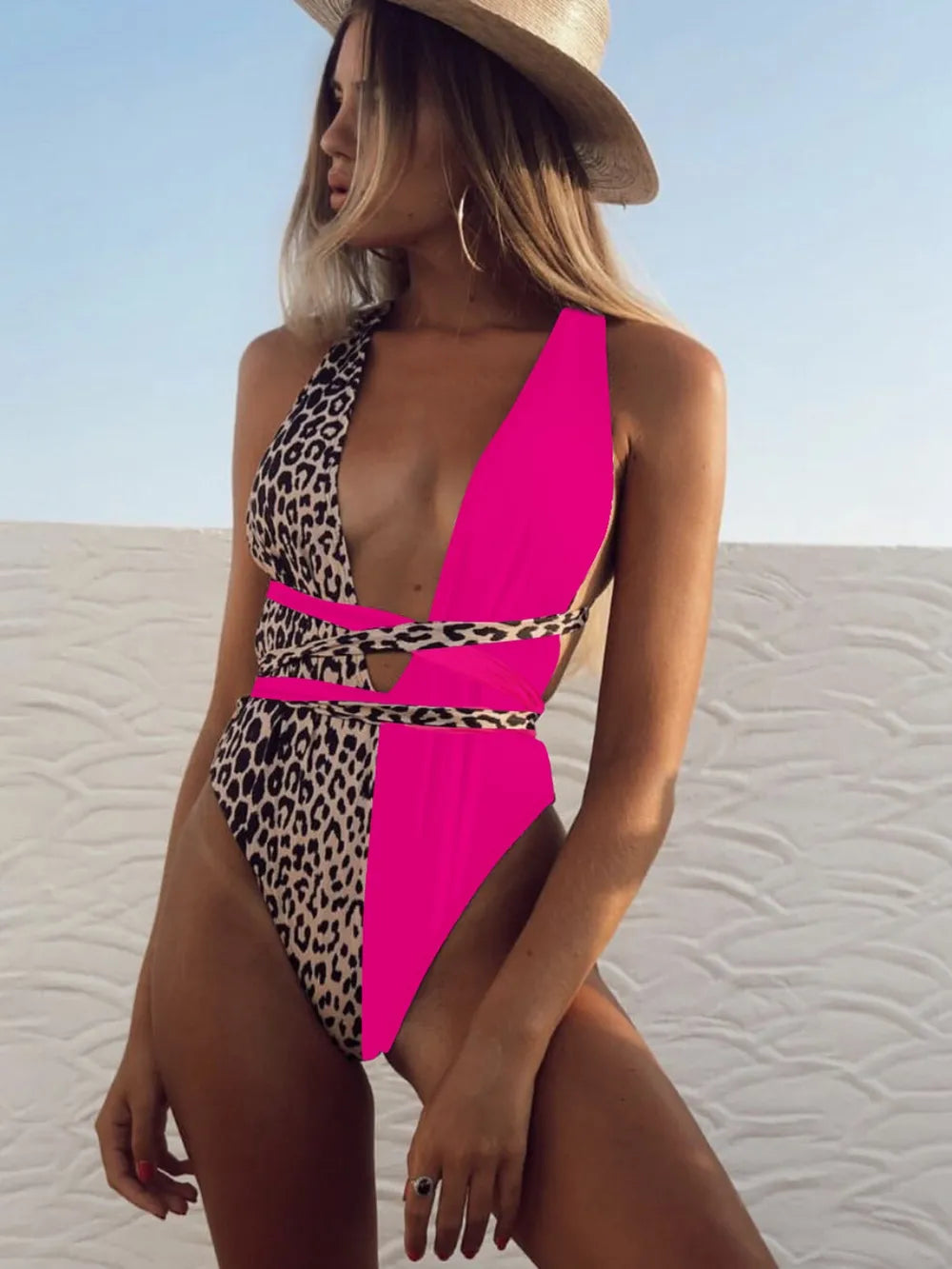 Tied Leopard Plunge One-Piece Swimwear - cas7m