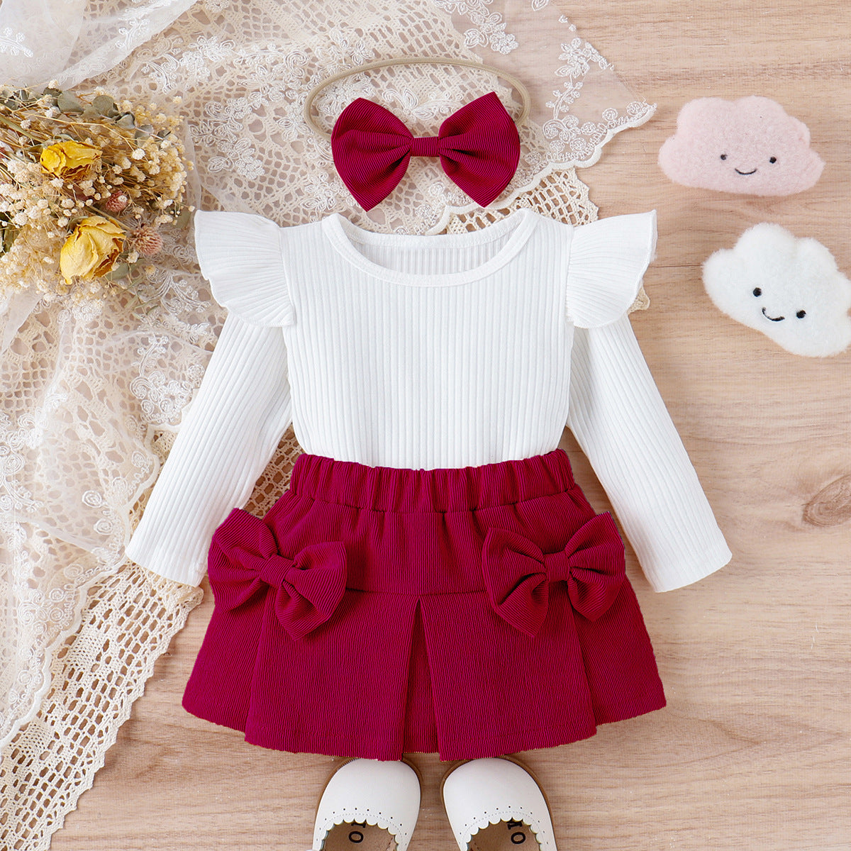 Infant Toddler Lace Bowknot Short Dress With Headdress Three-piece Set - cas7m