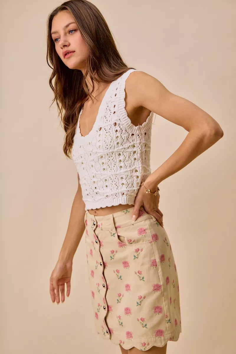 SO ME Floral Rose Print Cotton Twill Scallop Mini Skirt - cas7m