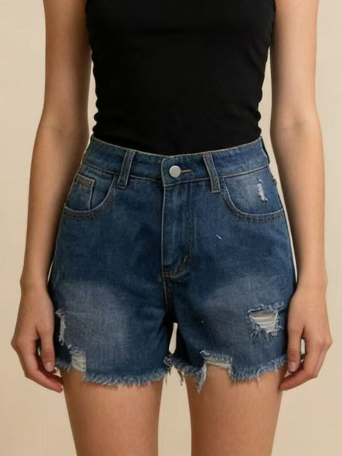 Distressed Frayed Hem Denim Shorts - cas7m