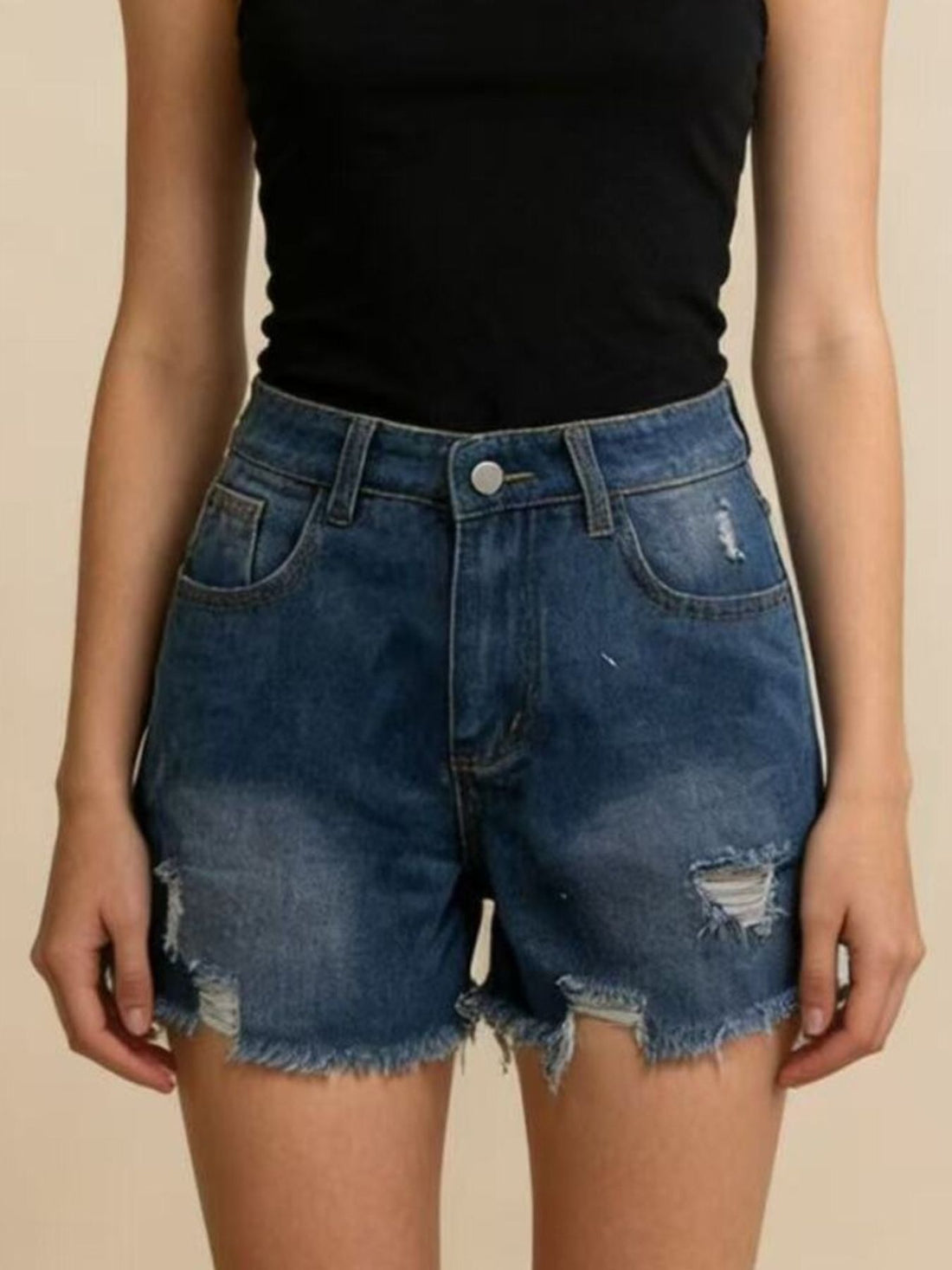 Distressed Frayed Hem Denim Shorts - cas7m