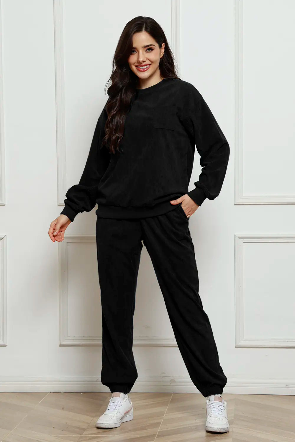 Corduroy Round Neck Sweatshirt and Sweatpants Set - cas7m